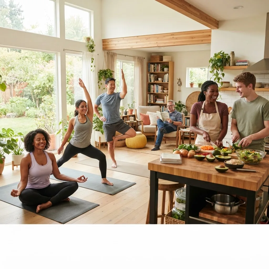 featuring a diverse group of adults engaging in different self care activities such as exercise, meditation, reading, and preparing a