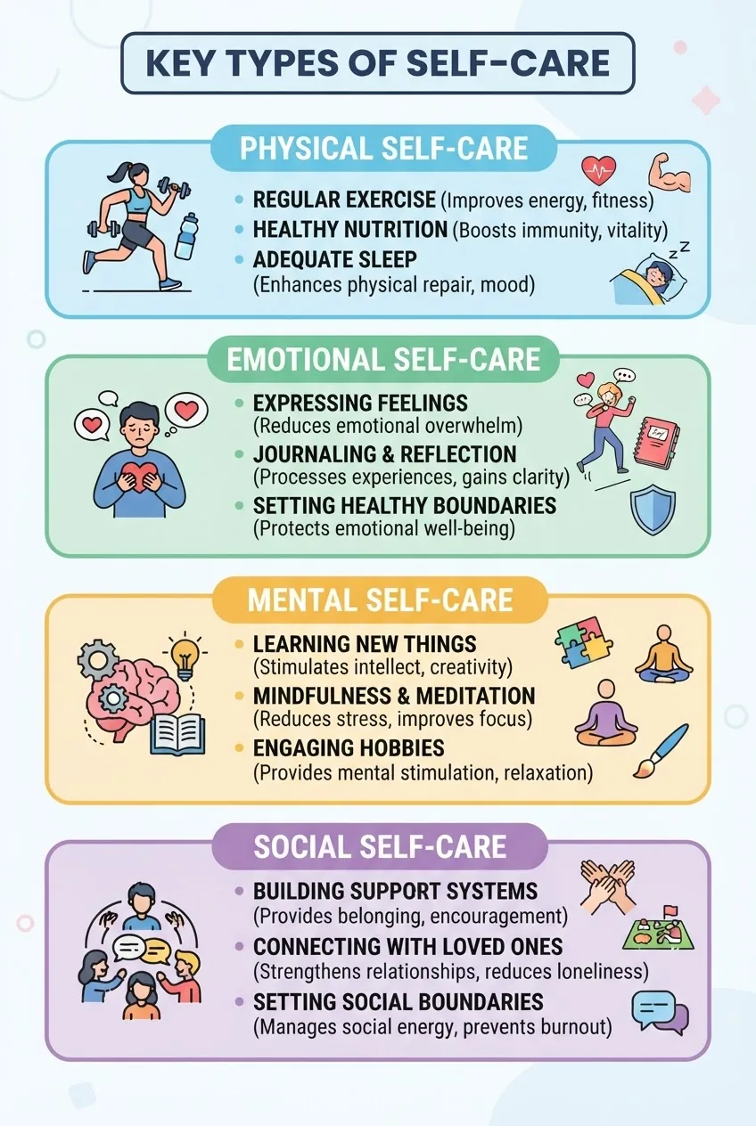 An infographic structured with four horizontal blocks representing key types of self care: physical, emotional, mental, and social; each
