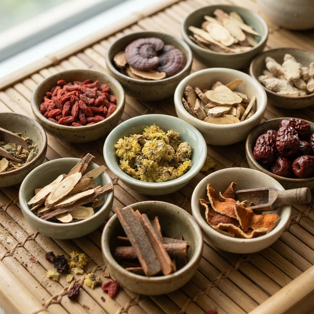 Close-up of various traditional Chinese medicine herbal supplements in small ceramic bowls arranged on a bamboo mat, bright natural light