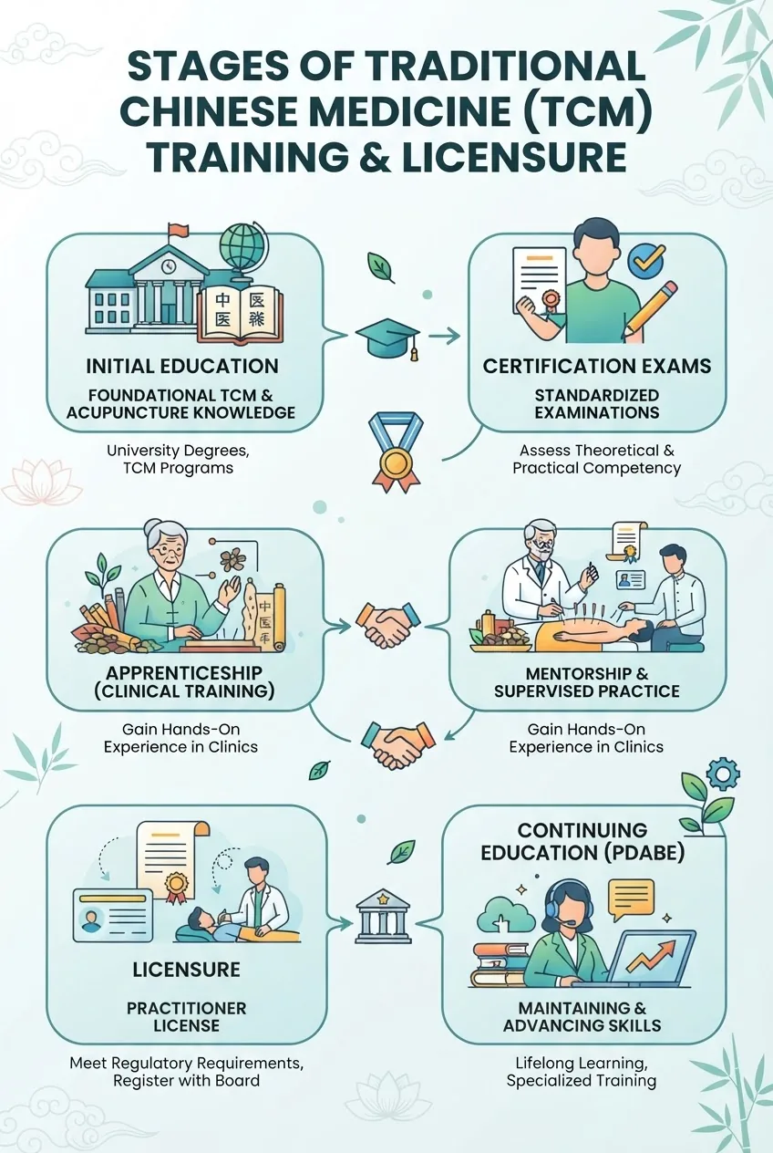 A multi-step flowchart infographic showing the stages of TCM training: initial education, certification exams, apprenticeships, licensing,