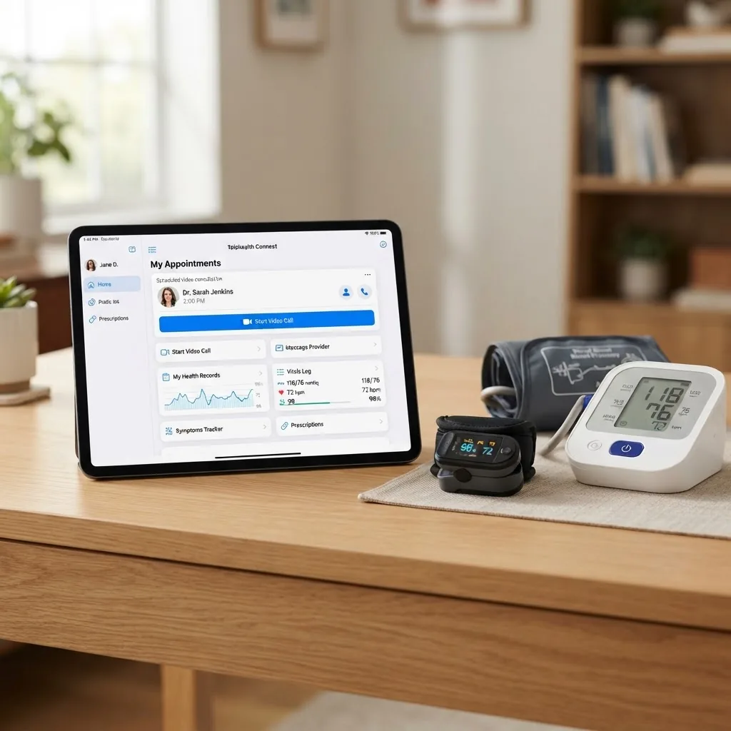 Close-up view of a tablet screen displaying a telehealth app interface with various options, beside medical devices (pulse oximeter, blood