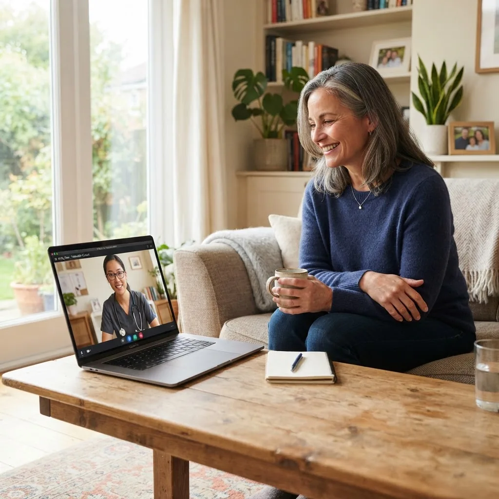 A bright, welcoming home setting where a middle-aged person consults with a healthcare provider via laptop video call, showing relaxed