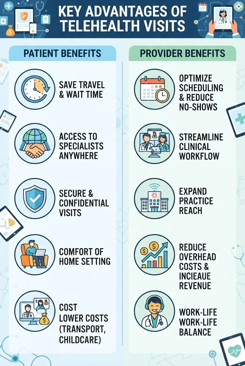 is divided into two columns labeled “Patient Benefits” and “Provider Benefits,” each with 5 bullet points illustrated by icons (e.g., clock