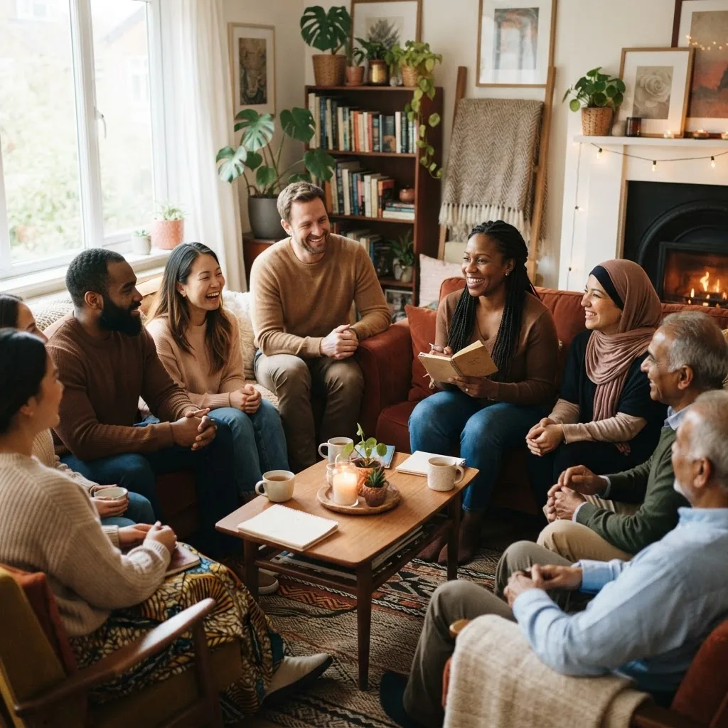 a diverse group of adults sitting together in a cozy living room, smiling and engaged in a gratitude circle activity with relaxed natural