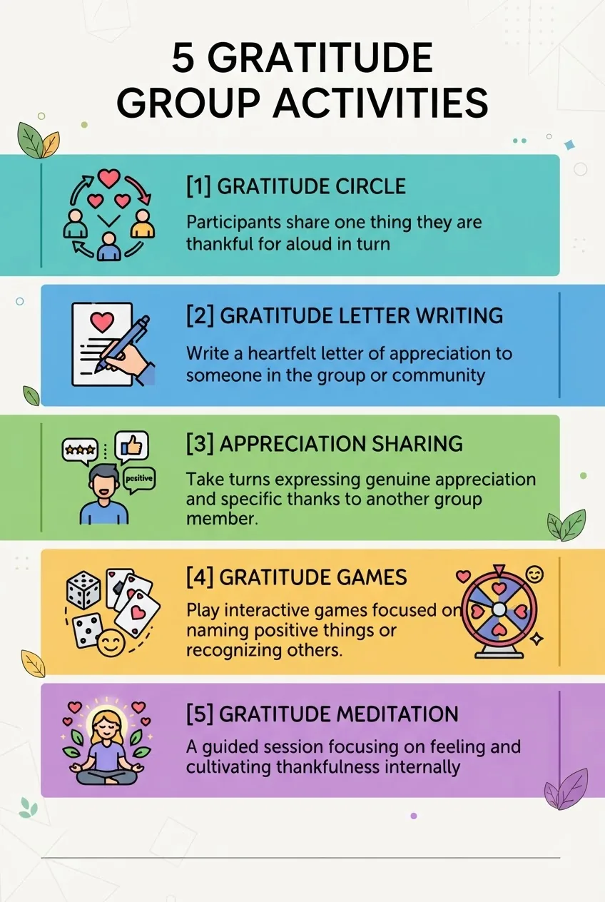 shows 5 gratitude group activities with icons and short descriptions: gratitude circle, letter writing, appreciation sharing, gratitude