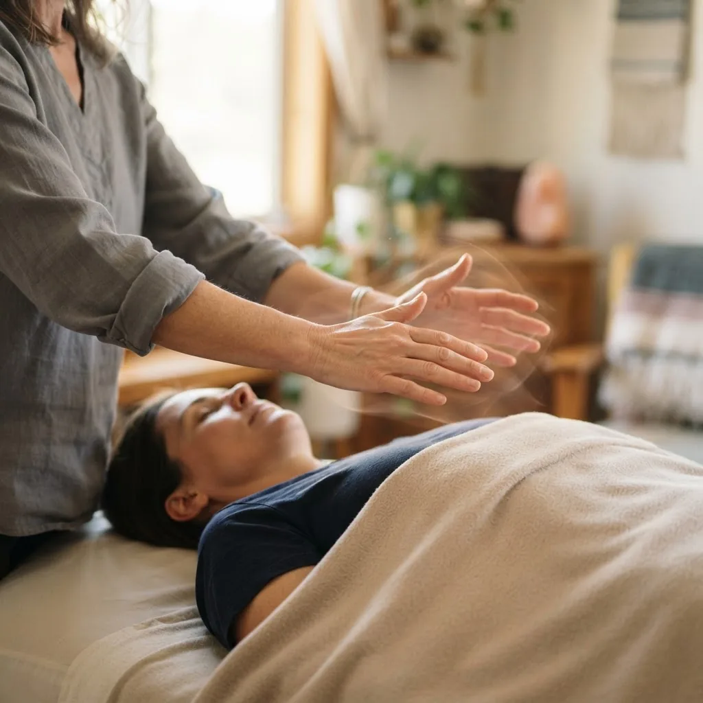 Close-up of practitioner’s hands performing characteristic sweeping motions above a patient’s body during a therapeutic touch session,