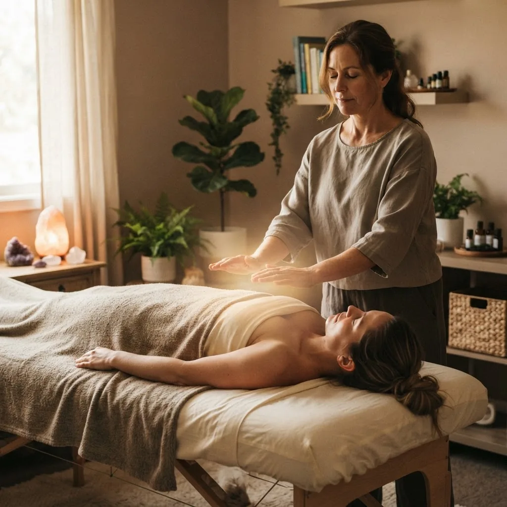 A calm, softly lit therapy room showing a practitioner with hands gently hovering over a relaxed patient lying on a massage table,