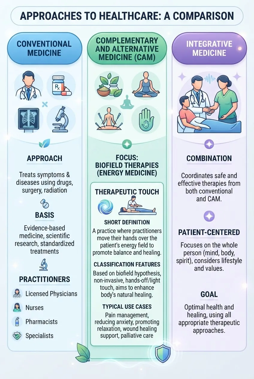 A clean infographic with 3 columns comparing “Conventional Medicine,” “Complementary and Alternative Medicine (CAM),” and “Integrative