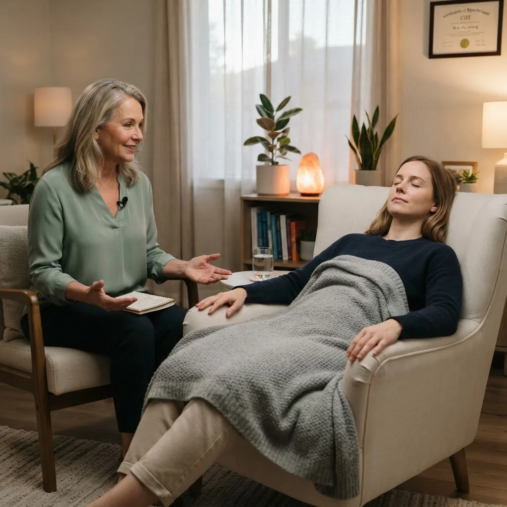 peaceful scene of a person reclining with eyes closed while a certified hypnotherapist gently guides the session in a softly lit clinical
