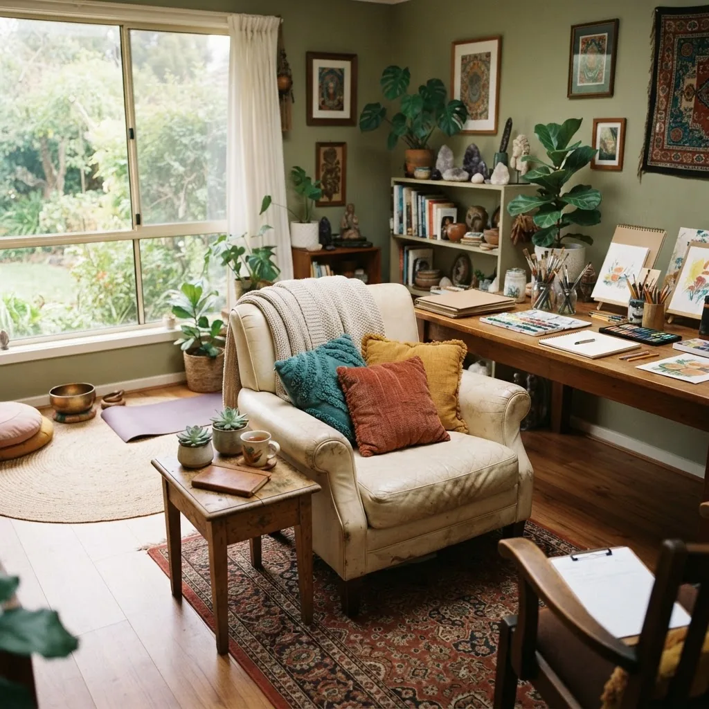 a warm, inviting therapy room setting with natural light, showing calming objects like cushions, art supplies, and a comfortable chair to