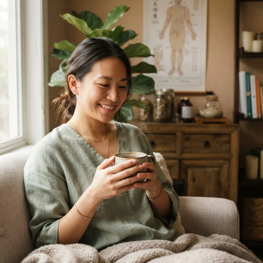 calm wellness setting illustrating a smiling woman practicing self-care post-acupuncture session, highlighting wellness and hormonal