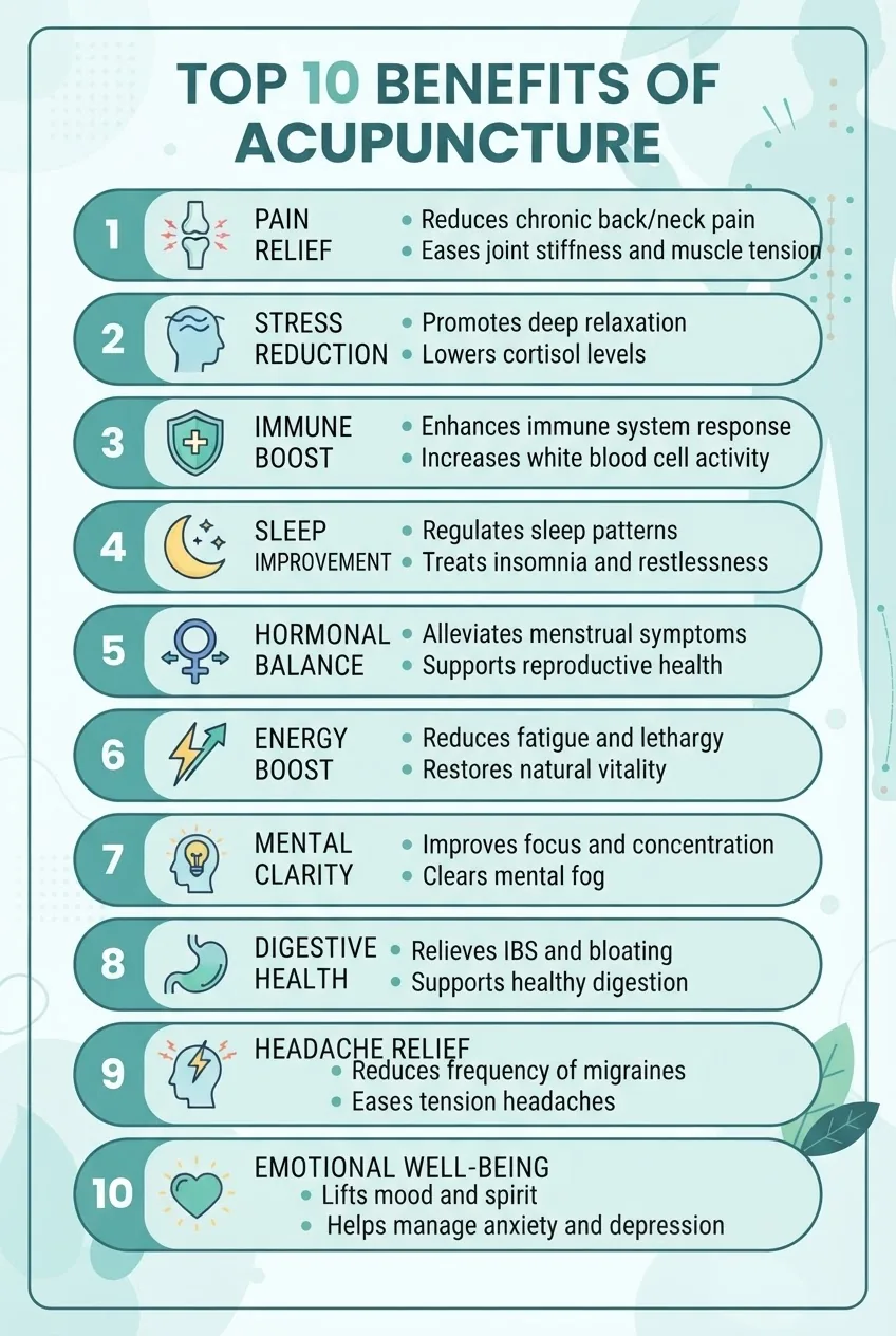 illustrating the "Top 10 Benefits of Acupuncture" in a vertical list with numbered sections. Each benefit has an icon: pain relief (joint