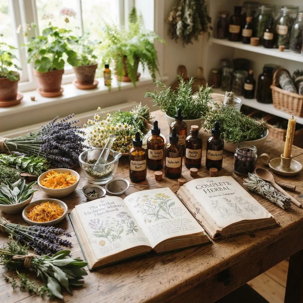 High-resolution image of assorted fresh herbs, tinctures, and natural health books on a rustic wooden table under soft daylight, evoking