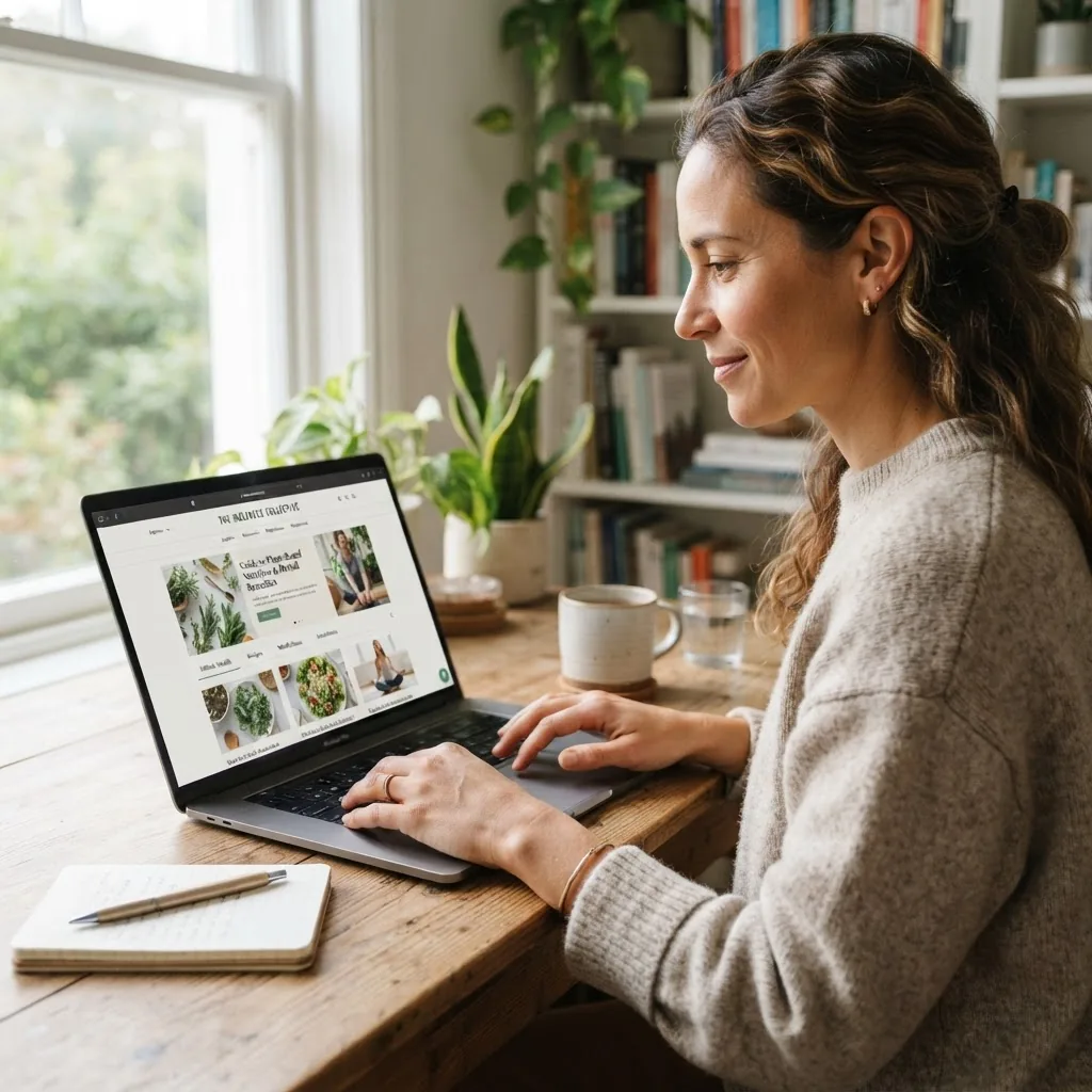 Close-up photograph of a person browsing a laptop displaying a natural health website, in a bright, home-office setting with natural light,