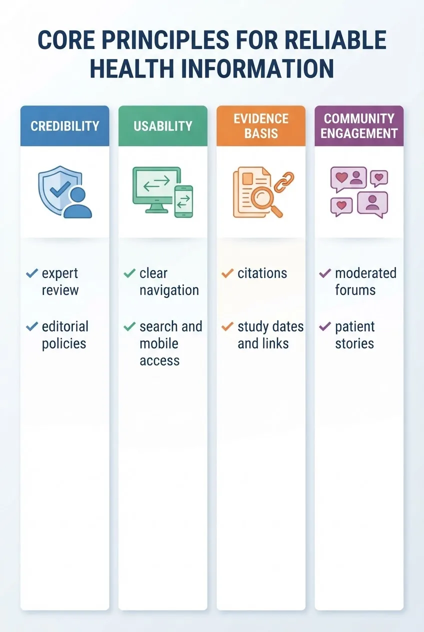 A clean, modern infographic that presents four vertical columns labelled "Credibility", "Usability", "Evidence Basis", and "Community