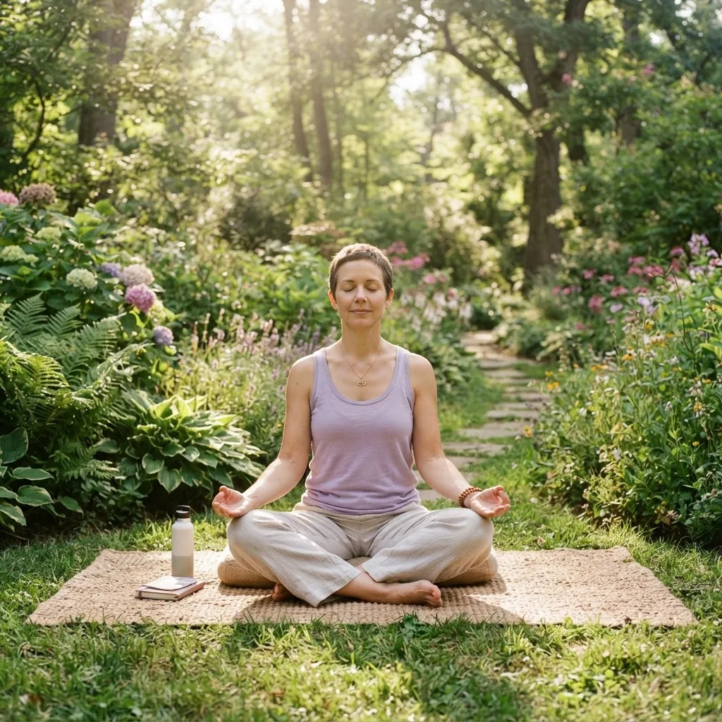 bright, natural setting showing a woman practicing meditation outdoors surrounded by greenery, embodying calm and holistic wellness in the