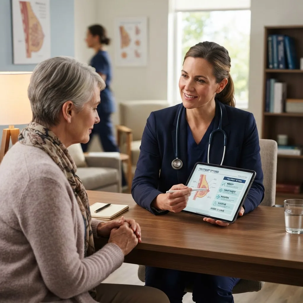 a medical professional examining breast cancer treatment options on a digital tablet, with a patient consultation setting in soft-focus