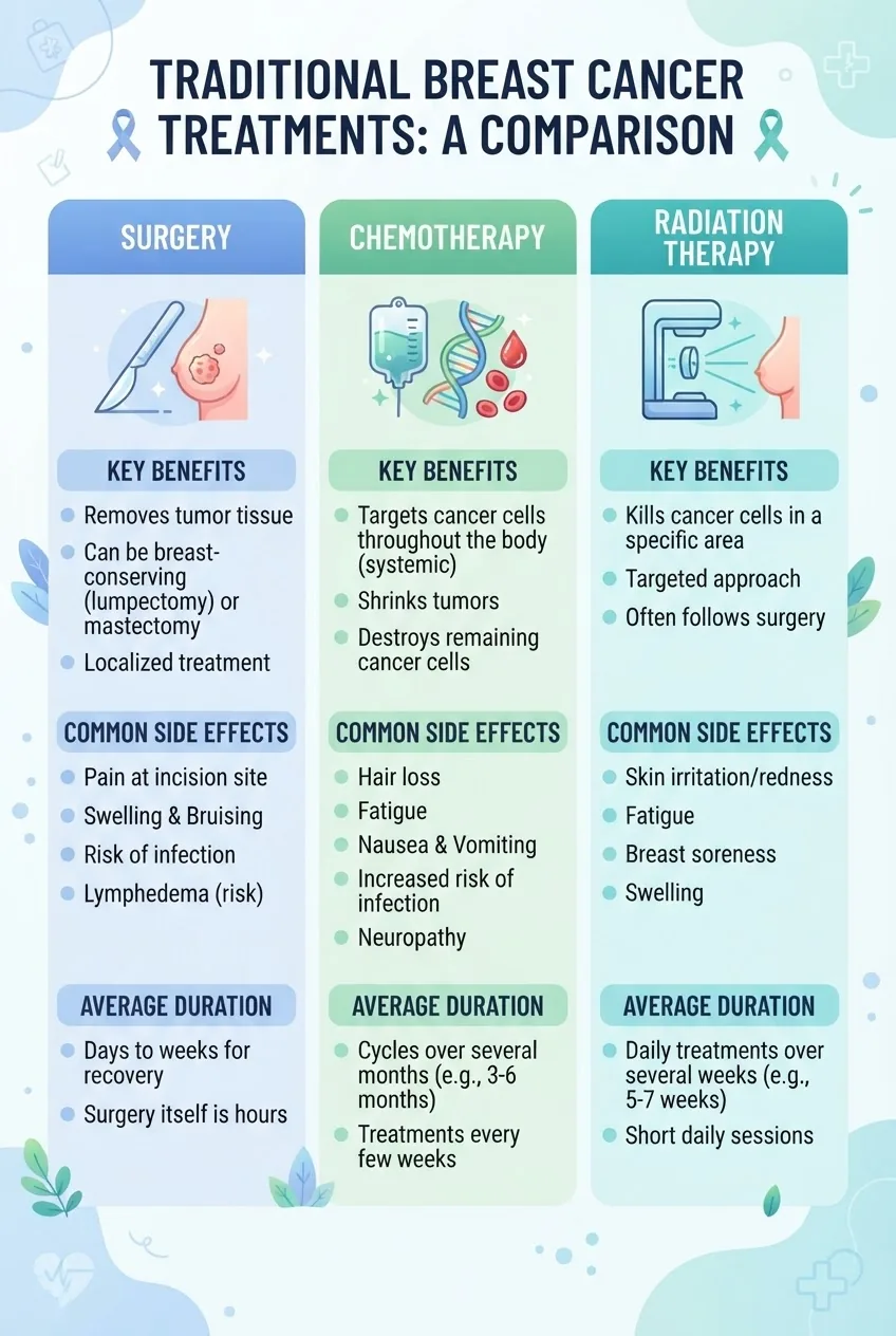 compares traditional breast cancer treatments — surgery, chemotherapy, radiation — with icons for each, listing key benefits, common side