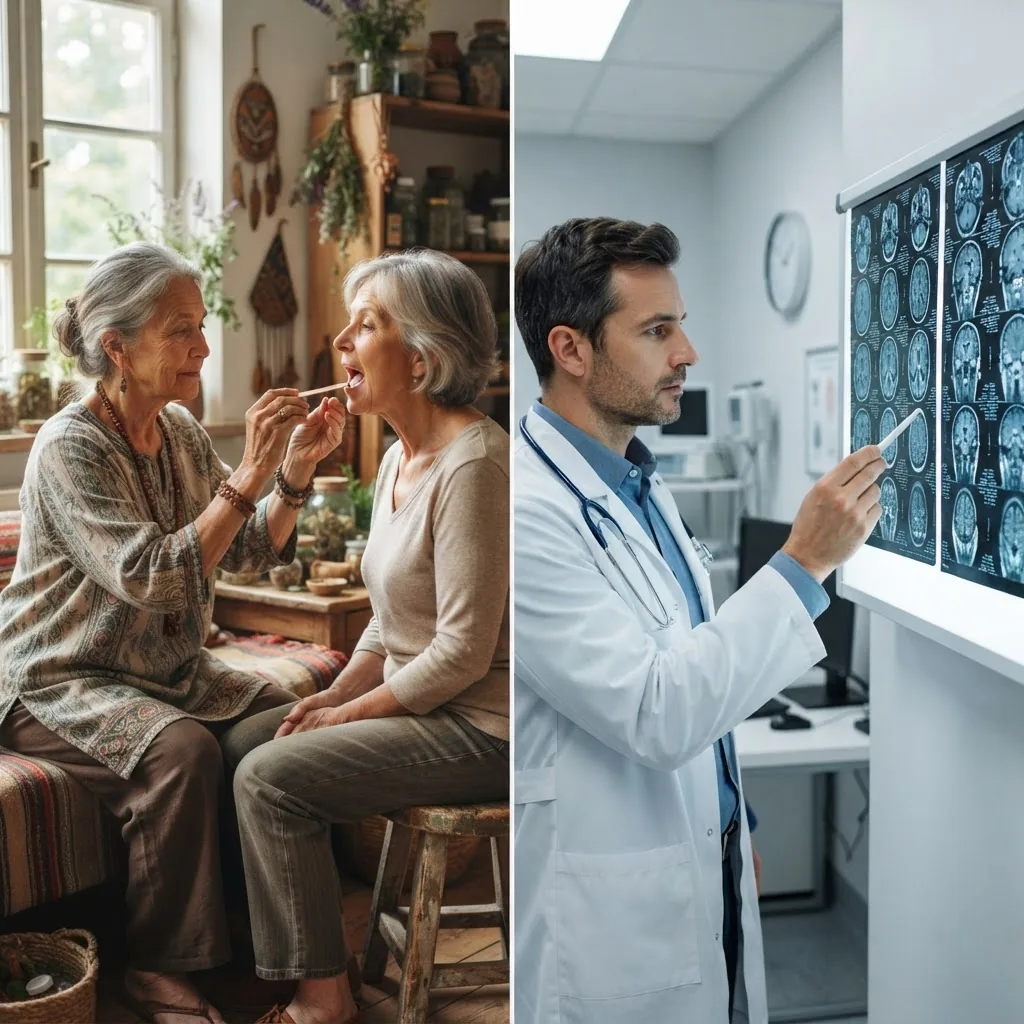 a traditional healer examining a patient’s tongue with natural daylight on one side, and a doctor reviewing medical imaging scans on a