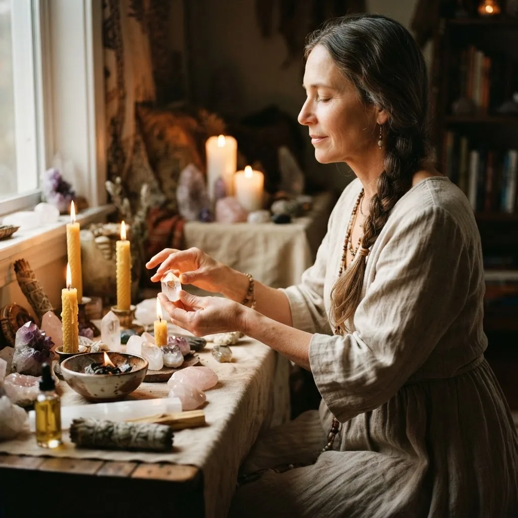 A serene intimate scene depicting a spiritual healer performing a ritual with candles and crystals, soft natural lighting, peaceful and