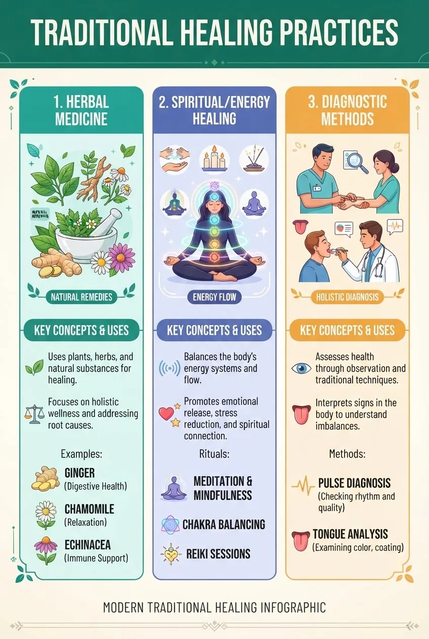 An infographic with three columns illustrating traditional healing practices: 1) Herbal Medicine (image of leaves and mortar and pestle,