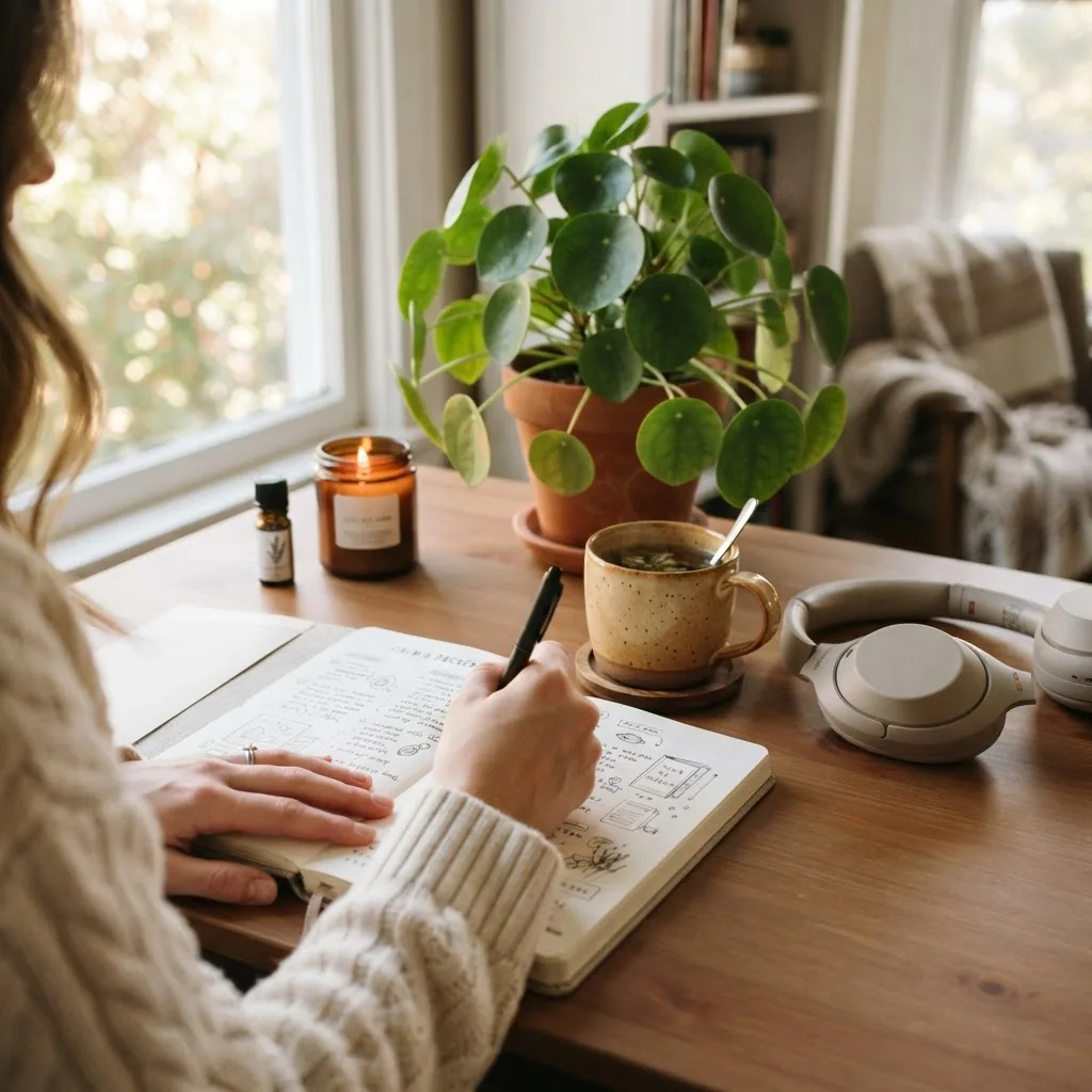 close-up hands journaling next to a cup of tea, headphones, and a potted plant on a desk, representing multiple self care types (mental,