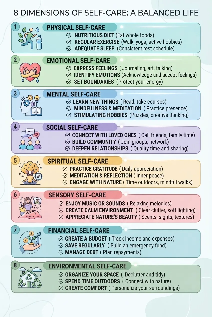 with eight vertically stacked blocks, each representing a self care category (Physical, Emotional, Mental, Social, Spiritual, Sensory,