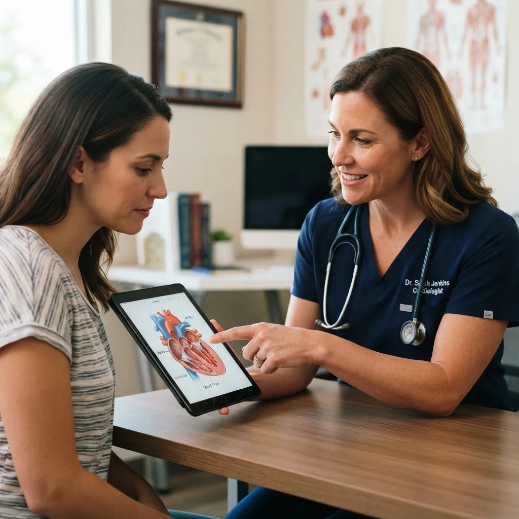 A clear, well-lit close-up of a healthcare professional explaining a medical concept to a patient in a clinic setting, showing a tablet