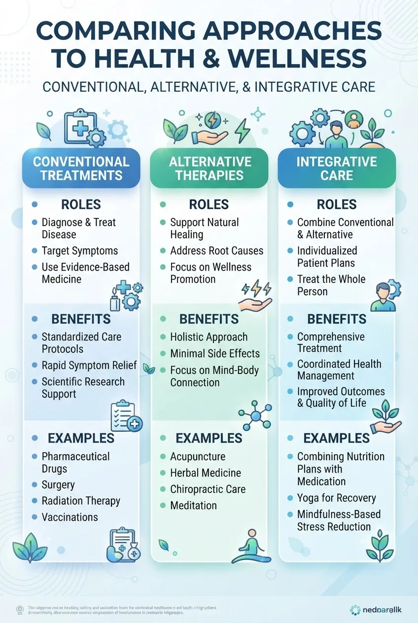 A horizontal infographic with three columns comparing Conventional Treatments, Alternative Therapies, and Integrative Care, each column