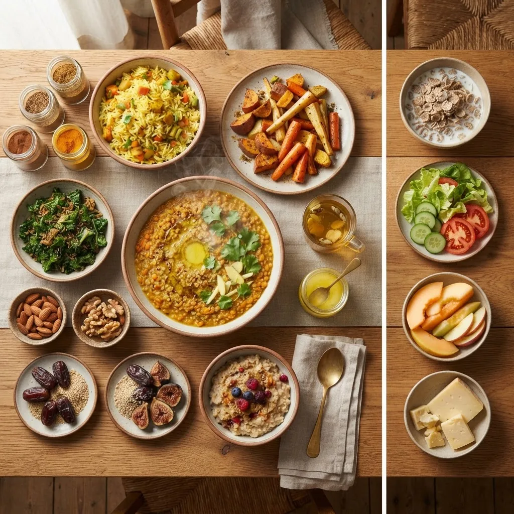 Overhead shot of a wooden table with vibrant, warm-colored foods like cooked grains, soups, nuts, and spices commonly recommended for vata