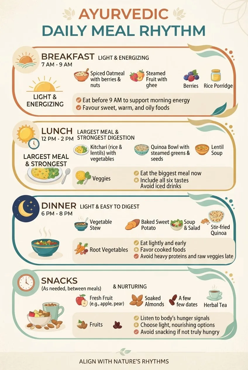 A vertical infographic divided into sections for breakfast, lunch, dinner, and snacks, each showing example meals with icons of relevant