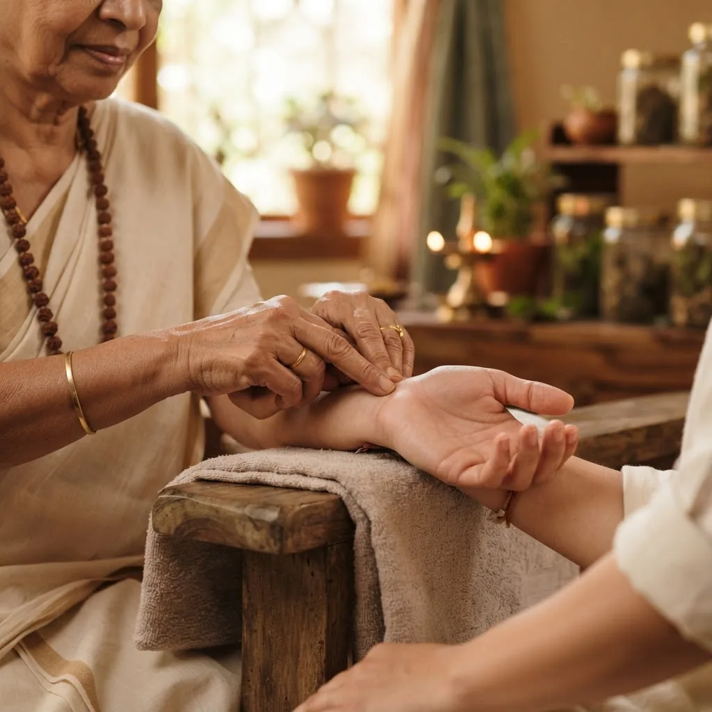 a close-up image of a person’s hand being taken for pulse diagnosis by an Ayurveda practitioner in a calm, softly lit treatment room, focus