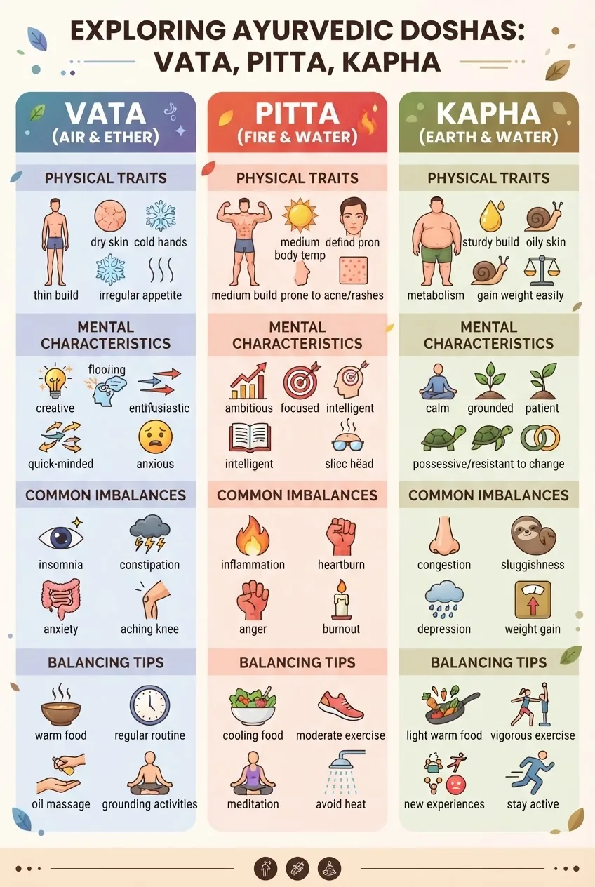 displays a three-column comparison of Vata, Pitta, and Kapha doshas, each column including icons representing physical traits, mental
