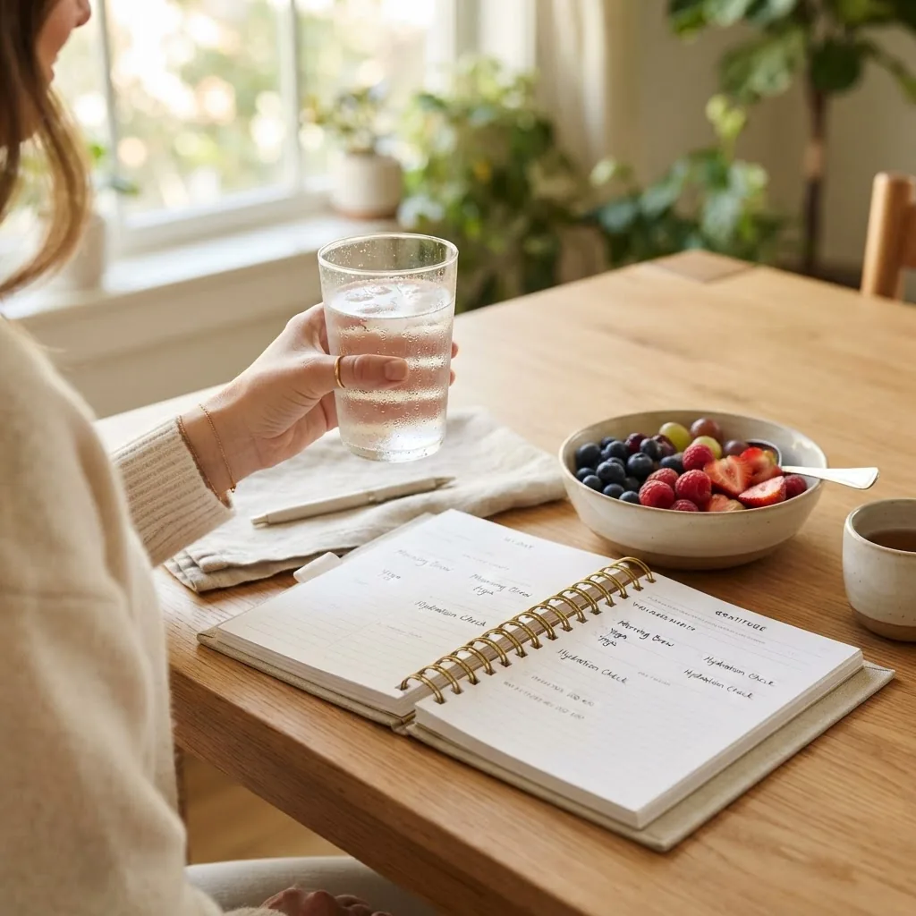 a close-up of a hand holding a glass of water next to a neatly arranged planner and a bowl of fresh fruits on a wooden table, soft morning