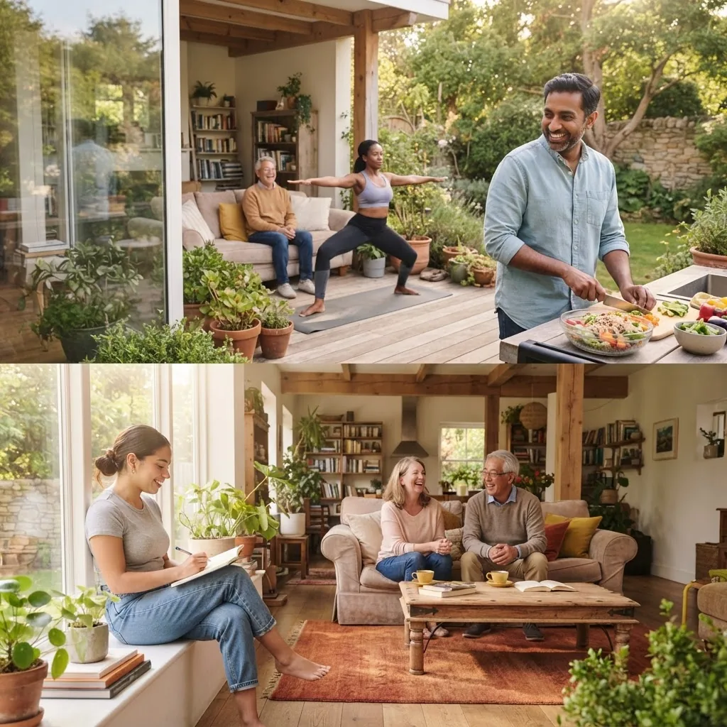 a diverse group of adults engaging in various personal well being activities outdoors and indoors—one person practicing yoga, another