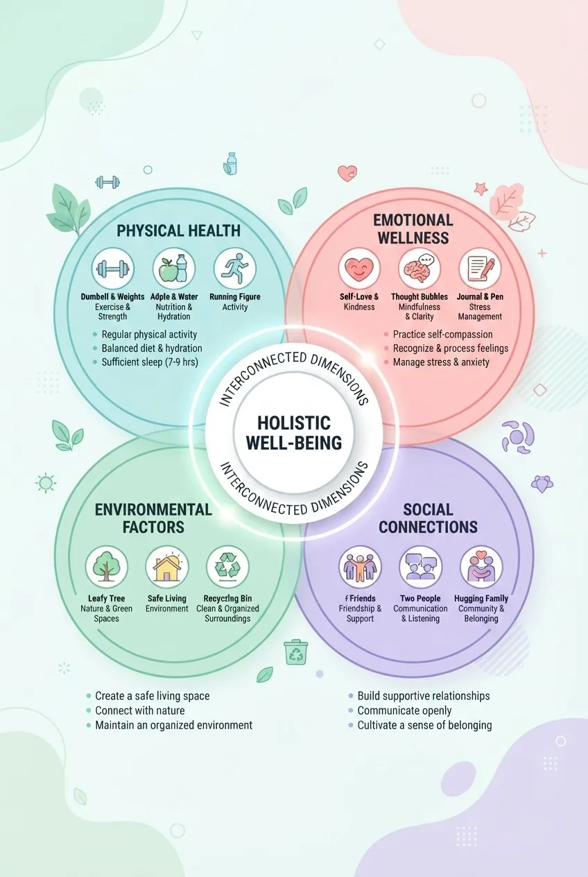 shows four interlocking circles labeled Physical Health, Emotional Wellness, Social Connections, and Environmental Factors, each with 2–3