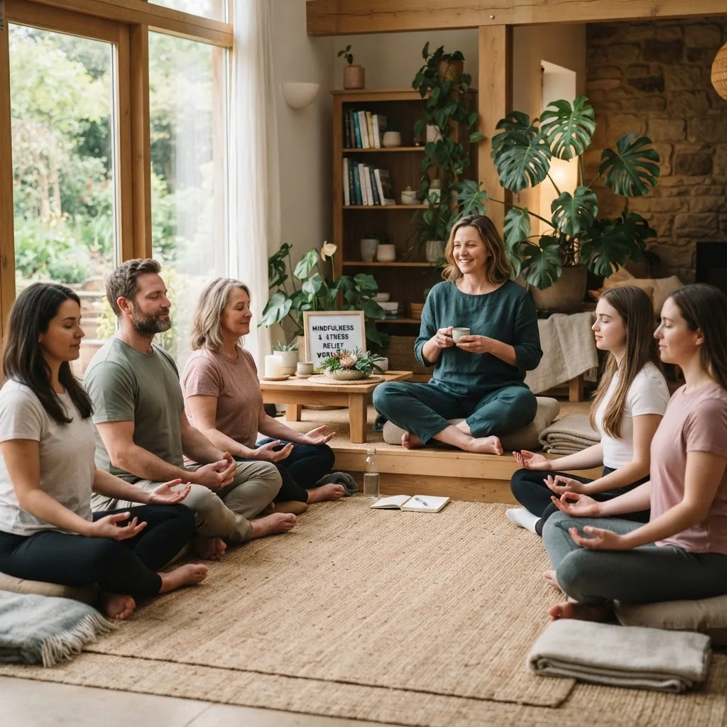 wellbeing coach leading a small group workshop on stress management with participants practicing relaxation and mindfulness exercises in a