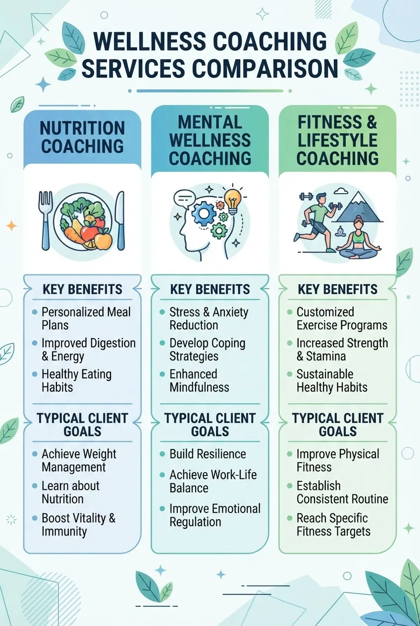 with a 3-column comparison of wellness coaching services: Nutrition Coaching, Mental Wellness Coaching, Fitness & Lifestyle Coaching. Each