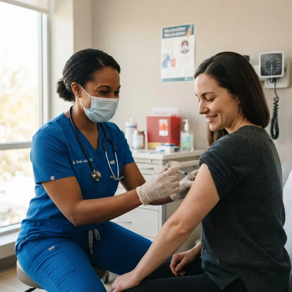a modern medical professional administering a vaccine shot in a clinical setting with clean background, natural lighting, and focused on
