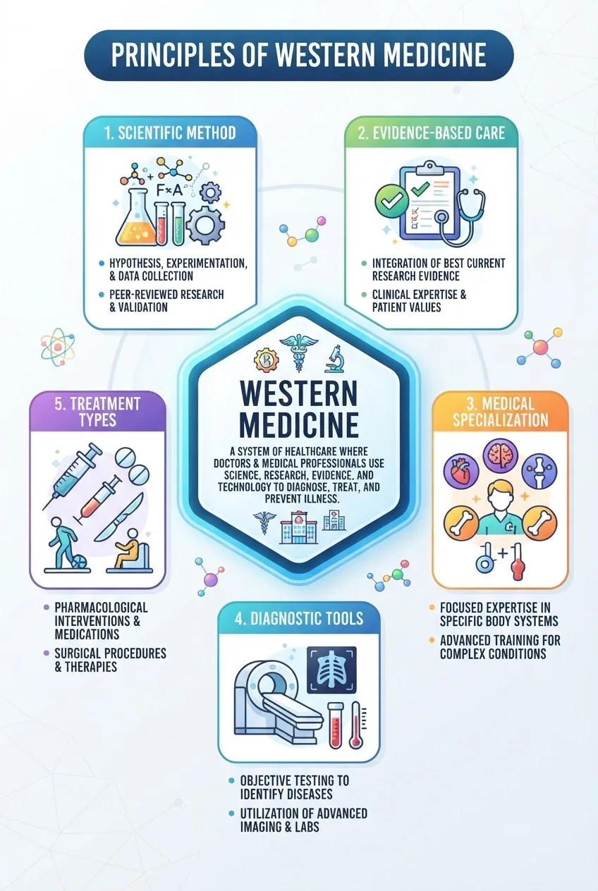 displays a central definition of western medicine, surrounded by 5 key principles including scientific method, evidence-based care, medical