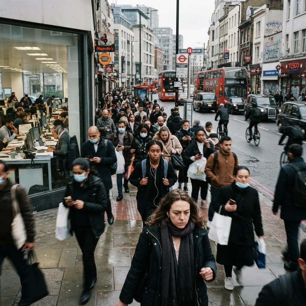 An outdoor urban scene depicting diverse people in stressful daily life settings such as crowded streets and a workplace, daylight with