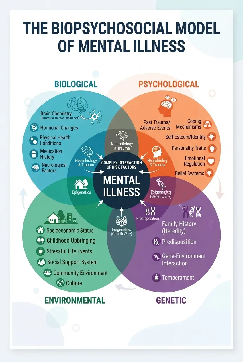 A layered infographic illustrating multiple overlapping circles representing genetic, biological, environmental, and psychological risk