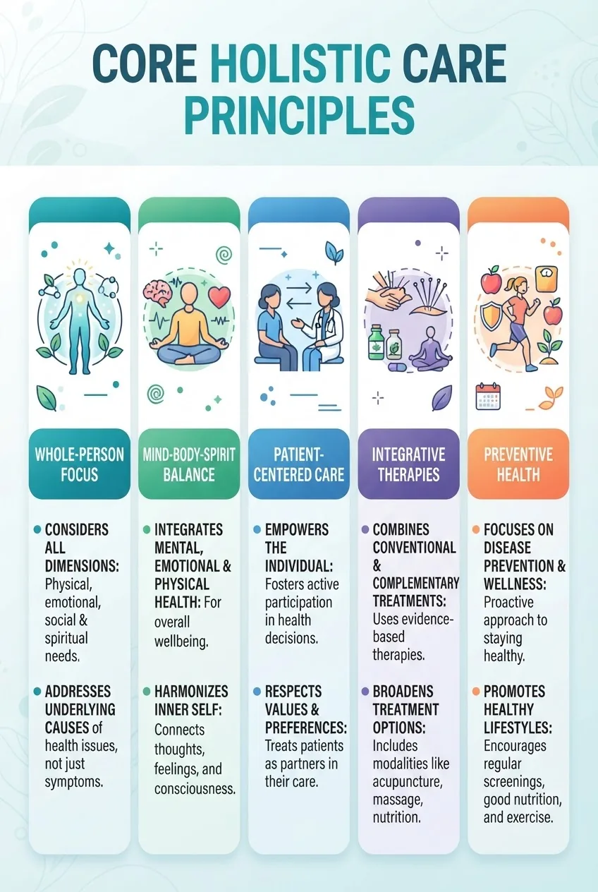 with five columns illustrating core holistic care principles: whole-person focus, mind-body-spirit balance, patient-centered care,
