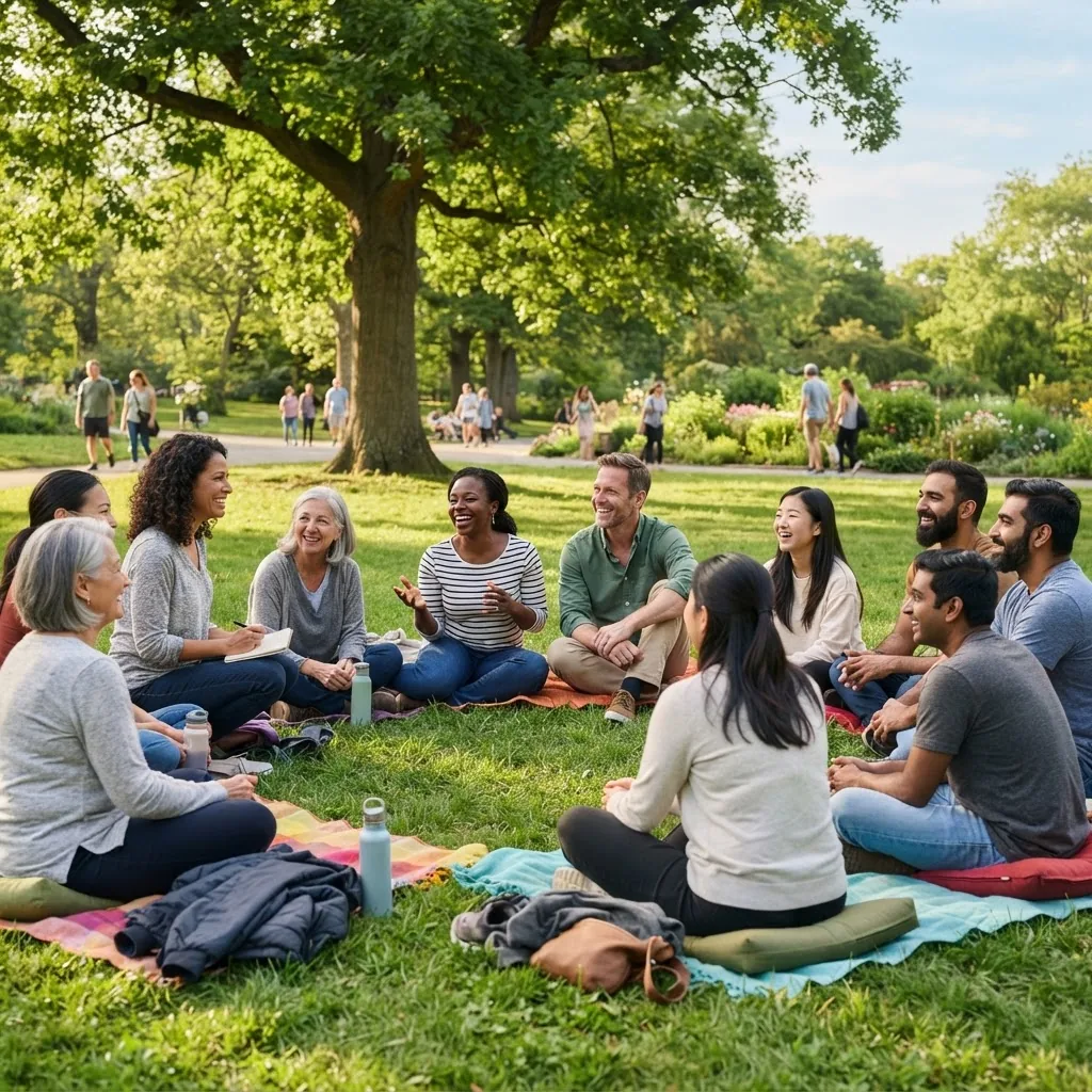 a group of diverse adults engaging in a light outdoor group therapy or wellness session in a green park, smiling and interacting, showing