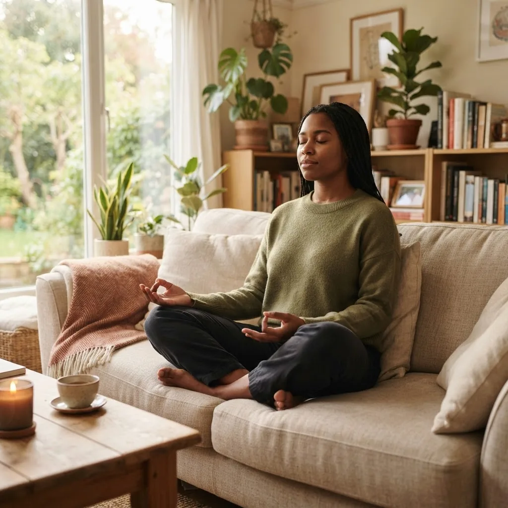 a calm and inviting home setting with a diverse person sitting cross-legged on a couch with eyes closed, practicing mindfulness or deep
