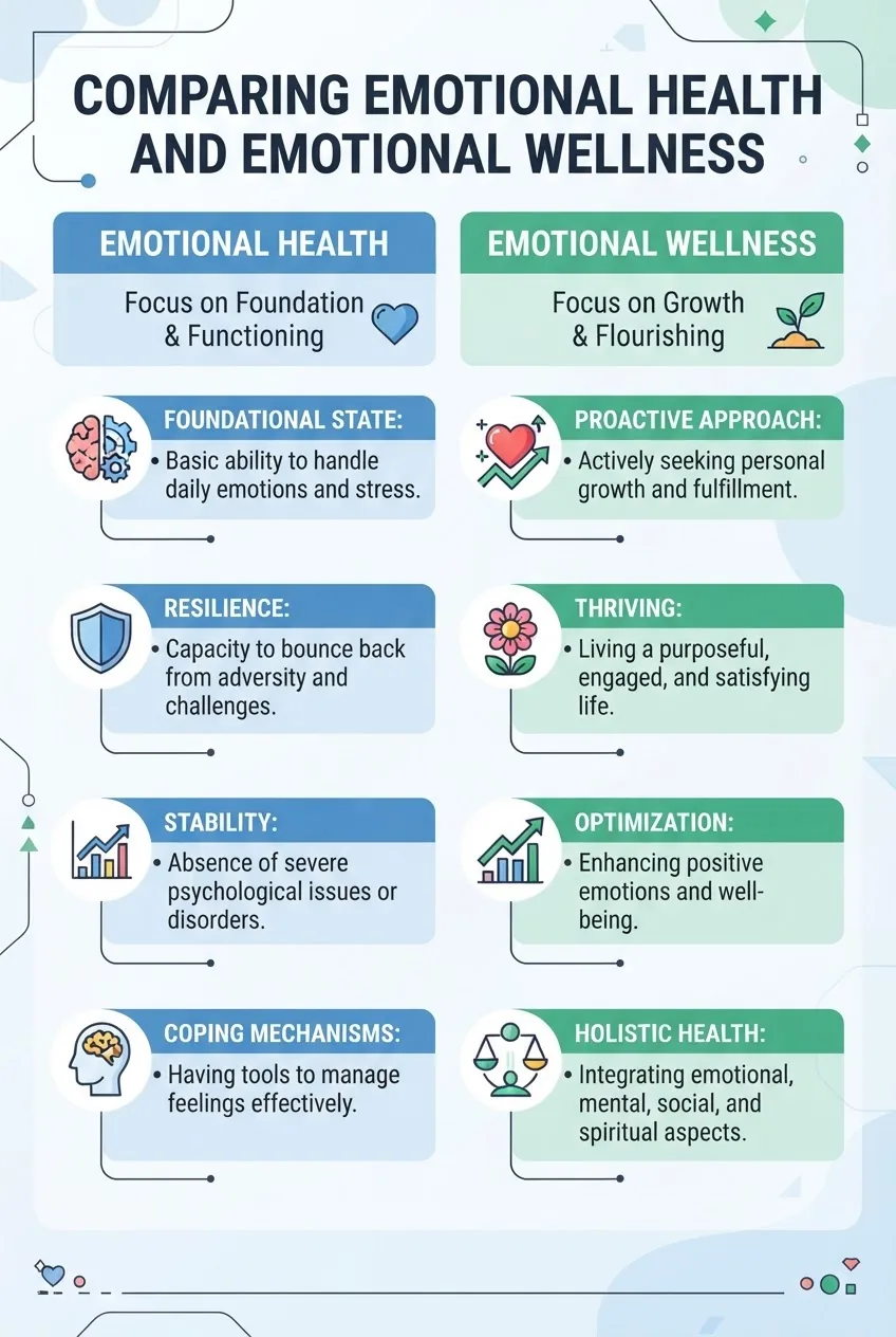 compares Emotional Health and Emotional Wellness side by side with two columns; each column lists four key differences using simple icons