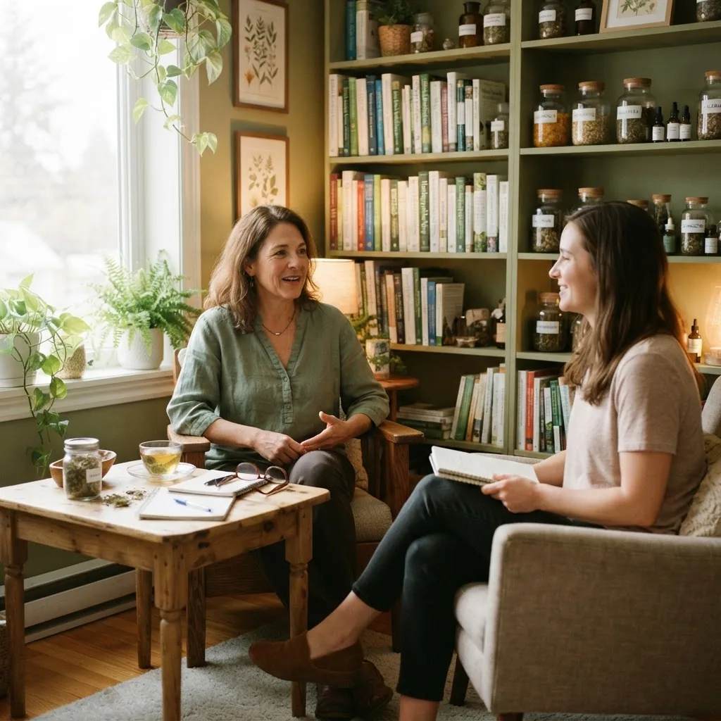 calm, inviting naturopathic clinic setting showing a consultation room with herbal jars, medical books, and a practitioner speaking with a