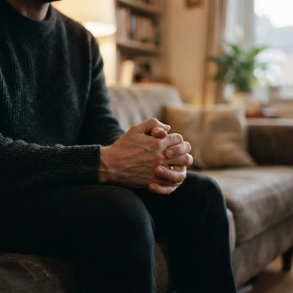 Close-up image of a person's hands clasped nervously in their lap, with soft focus background of a home environment, muted warm lighting,