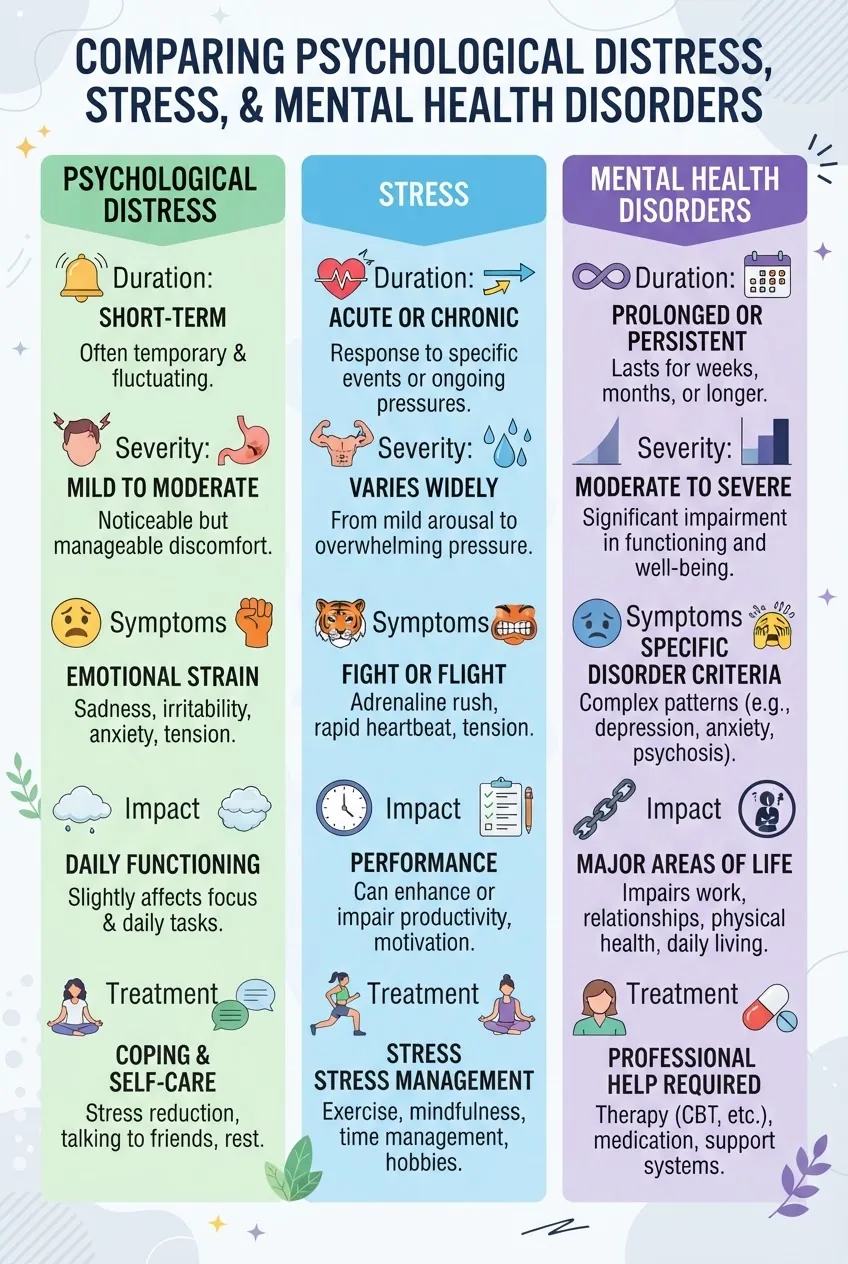 A clear infographic with three columns comparing Psychological Distress, Stress, and Mental Health Disorders side by side, each column