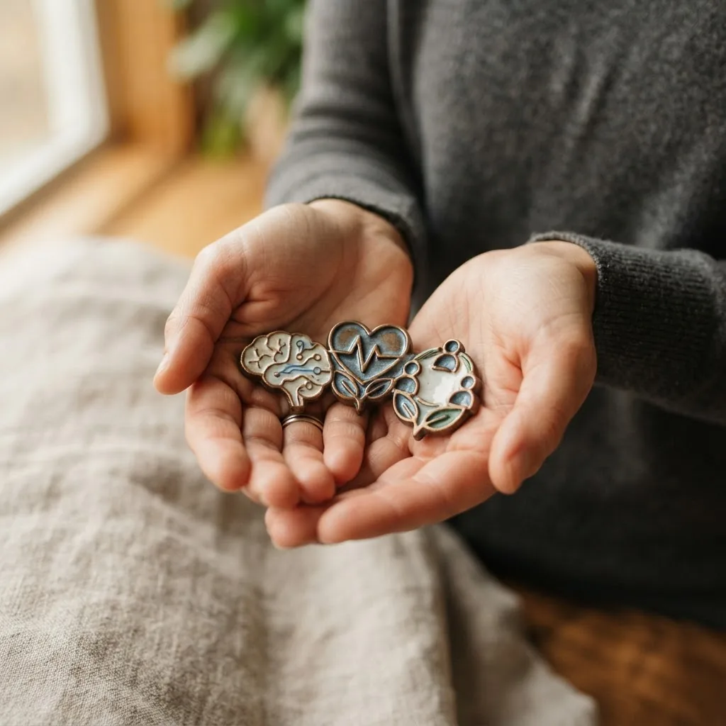 Close-up of hands symbolically holding icons representing the brain, heart, and community, on a neutral background under soft natural